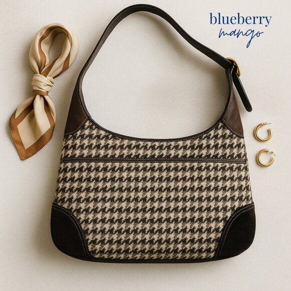 Vintage Coach Hampton Hobo Shoulder Bag | Wool Houndstooth Tweed & Suede | Y2K - Picture 1 of 12